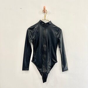 Lovehoney Black Wet Look Long Sleeve Zipper Teddy - NEW